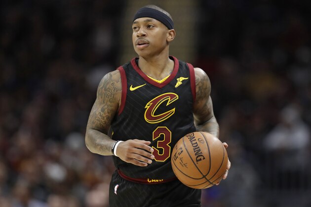Cleveland Cavaliers' Isaiah Thomas drives against the Golden State Warriors in the first half of an NBA basketball game, Monday, Jan. 15, 2018, in Cleveland. (AP Photo/Tony Dejak)