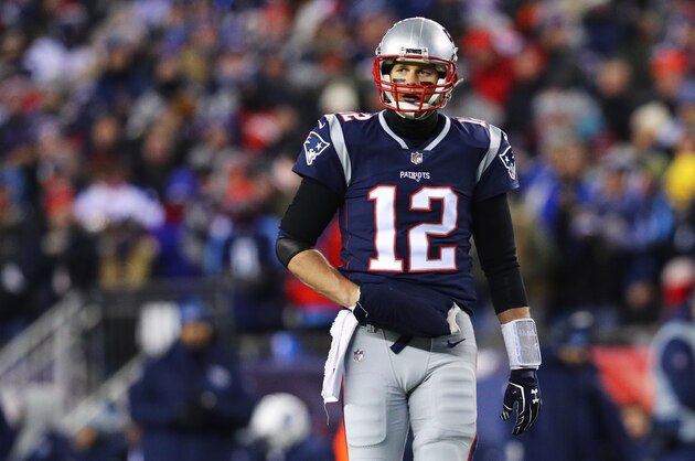 FOXBOROUGH, MA - JANUARY 13: Tom Brady #12 of the New England Patriots looks on during the AFC Divisional Playoff game against the Tennessee Titans at Gillette Stadium on January 13, 2018 in Foxborough, Massachusetts. (Photo by Maddie Meyer/Getty Images)