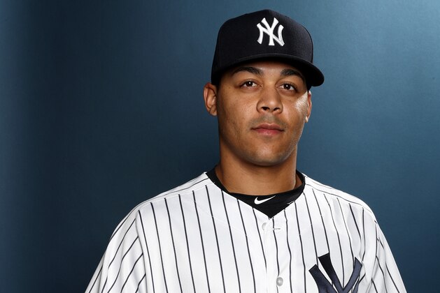 TAMPA, FL - FEBRUARY 21:  Justus Sheffield #98 of the New York Yankees poses for a portrait during the New York Yankees photo day on February 21, 2017 at George M. Steinbrenner Field in Tampa, Florida.  (Photo by Elsa/Getty Images)