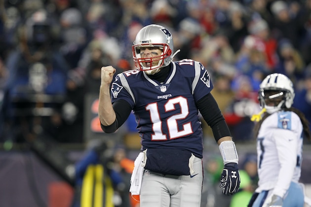 New England Patriots quarterback Tom Brady (12) celebrates a touchdown during the second half of an NFL divisional playoff football game against the Tennessee Titans, Saturday, Jan. 13, 2018, in Foxborough, Mass. . (AP Photo/Stew Milne)
