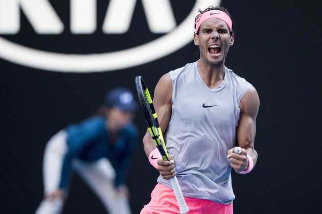 MELBOURNE, AUSTRALIA - JANUARY 17:  Rafael Nadal of Spain celebrates winning match point in his second round match against Leonardo Mayer of Argentina on day three of the 2018 Australian Open at Melbourne Park on January 17, 2018 in Melbourne, Australia.  (Photo by XIN LI/Getty Images)