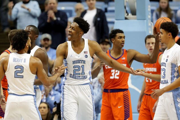 CHAPEL HILL, NC - JANUARY 16:  Sterling Manley #21 of the North Carolina Tar Heels reacts after a play against the Clemson Tigers during their game at Dean Smith Center on January 16, 2018 in Chapel Hill, North Carolina.  (Photo by Streeter Lecka/Getty Images)