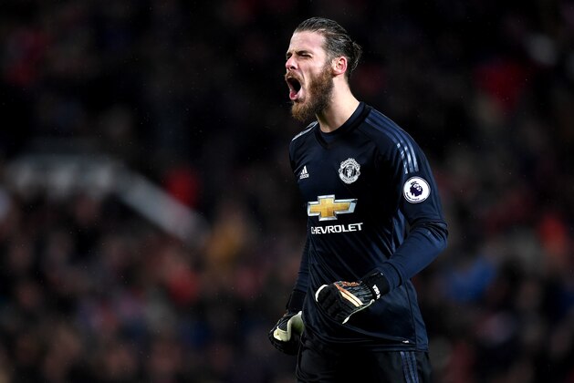 MANCHESTER, ENGLAND - JANUARY 15:  David De Gea of Manchester United celebrates his side's second goal during the Premier League match between Manchester United and Stoke City at Old Trafford on January 15, 2018 in Manchester, England.  (Photo by Michael Regan/Getty Images)