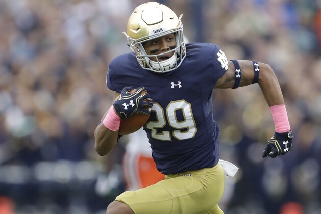 Notre Dame wide receiver Kevin Stepherson runs during the first half of an NCAA college football game against Miami, Saturday, Oct. 29, 2016, in South Bend, Ind.   (AP Photo/Darron Cummings)