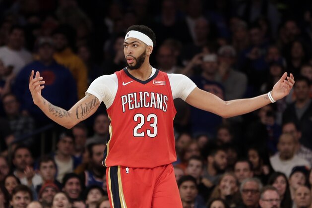 New Orleans Pelicans' Anthony Davis reacts after sinking the tying shot during the second half of the NBA basketball game against the New York Knicks, Sunday, Jan. 14, 2018, in New York. The Pelicans defeated the Knicks in overtime 123-118 (AP Photo/Seth Wenig)