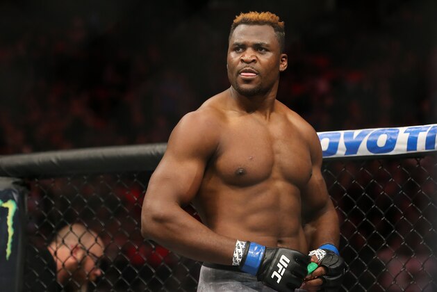 DETROIT, MI - DECEMBER 2:  Francis Ngannou celebrates  after his bout against Alistair Overeem during the UFC 218 event at Little Caesars Arena on December 2, 2017 in Detroit, Michigan. (Photo by Rey Del Rio/Zuffa LLC via Getty Images)