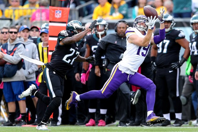 Minnesota Vikings wide receiver Adam Thielen (19) in action against Philadelphia Eagles safety Malcolm Jenkins (27) during an NFL game at Lincoln Financial Field in Philadelphia on Sunday, Oct. 23, 2016. (AP Photo/Brad Penner)