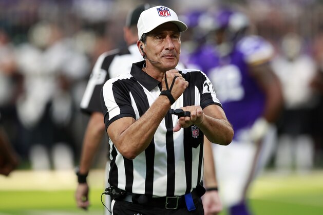 NFL official Gene Steratore makes a call during an NFL football game between the Minnesota Vikings and the New Orleans Saints, Monday, Sept. 11, 2017, in Minneapolis. The Vikings won 29-19. (Jeff Haynes/AP Images for Panini)