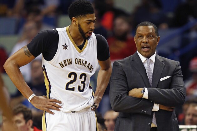 New Orleans Pelicans forward Anthony Davis (23) talks with head coach Alvin Gentry in the second half of an NBA basketball game against the Orlando Magic in New Orleans, Wednesday, Jan. 18, 2017. The Pelicans won 118-98. (AP Photo/Max Becherer)