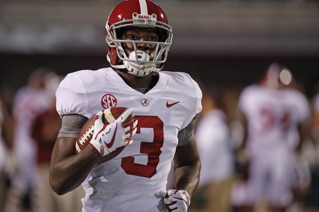 FILE - In this Nov. 11, 2017, file photo, Alabama wide receiver Calvin Ridley (3) runs downfield during warmups prior to an NCAA college football game against Mississippi State, in Starkville, Miss. Ridley was selected to the AP All-Conference SEC team announced Monday, Dec. 4, 2017. (AP Photo/Rogelio V. Solis, File)