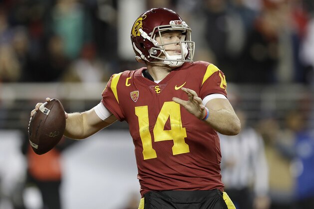 Southern California quarterback Sam Darnold (14) passes against Stanford during the second half of the Pac-12 Conference championship NCAA college football game in Santa Clara, Calif., Friday, Dec. 1, 2017. (AP Photo/Marcio Jose Sanchez)