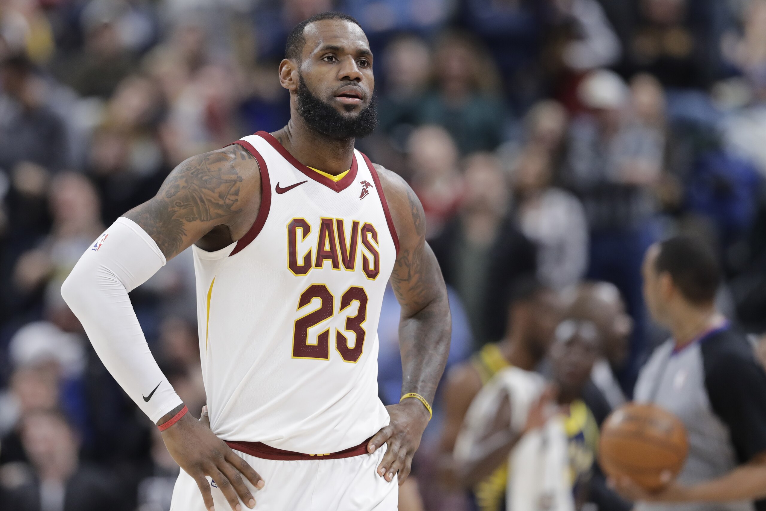 Cleveland Cavaliers' LeBron James watches during the second half of an NBA basketball game against the Indiana Pacers, Friday, Jan. 12, 2018, in Indianapolis. Indiana won 97-95. (AP Photo/Darron Cummings)