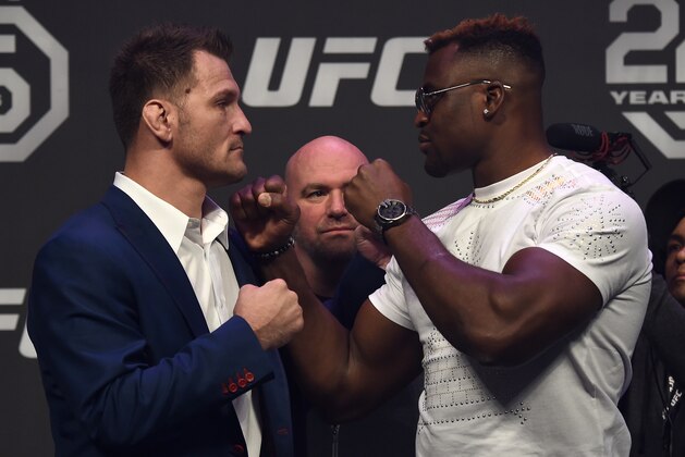 LAS VEGAS, NV - DECEMBER 29:  (L-R) Opponents Stipe Miocic and Francis Ngannou face off during the UFC 220 press conference inside T-Mobile Arena on December 29, 2017 in Las Vegas, Nevada. (Photo by Jeff Bottari/Zuffa LLC/Zuffa LLC via Getty Images)