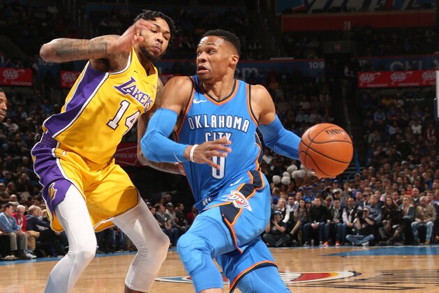 OKLAHOMA CITY, OK - JANUARY 17: Russell Westbrook #0 of the Oklahoma City Thunder drives to the basket during the game against the Los Angeles Lakers on January 17, 2018 at Chesapeake Energy Arena in Oklahoma City, Oklahoma. NOTE TO USER: User expressly acknowledges and agrees that, by downloading and or using this photograph, User is consenting to the terms and conditions of the Getty Images License Agreement. Mandatory Copyright Notice: Copyright 2018 NBAE (Photo by Layne Murdoch/NBAE via Getty Images)