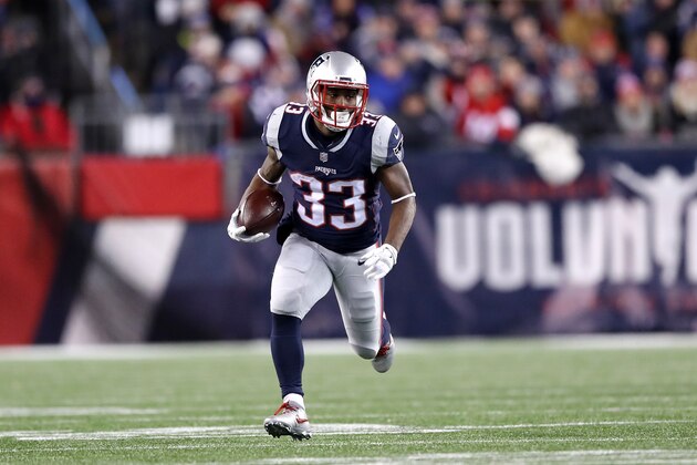 FOXBOROUGH, MA - JANUARY 13:  Dion Lewis #33 of the New England Patriots carries the ball in the second quarter of the AFC Divisional Playoff game against the Tennessee Titans at Gillette Stadium on January 13, 2018 in Foxborough, Massachusetts.  (Photo by Elsa/Getty Images)