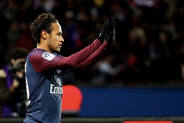 PARIS, FRANCE - JANUARY 17:  Neymar Jr
of Paris Saint-Germain celebrates his fourth goal during the Ligue 1 match between Paris Saint-Germain and Dijon FCO at Parc des Princes on January 17, 2018 in Paris.  (Photo by Xavier Laine/Getty Images )