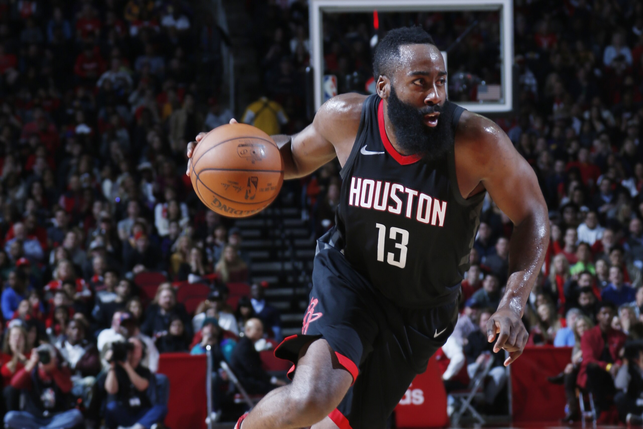HOUSTON, TX - DECEMBER 31: James Harden #13 of the Houston Rockets drives to the basket against the Los Angeles Lakers on December 31, 2017 at the Toyota Center in Houston, Texas. NOTE TO USER: User expressly acknowledges and agrees that, by downloading and or using this photograph, User is consenting to the terms and conditions of the Getty Images License Agreement. Mandatory Copyright Notice: Copyright 2017 NBAE (Photo by Chris Covatta/NBAE via Getty Images)