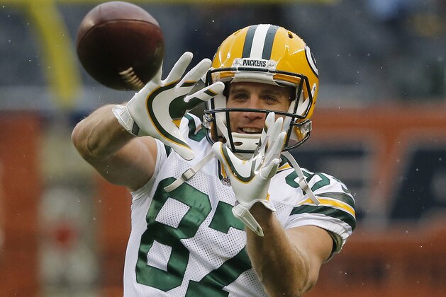 Green Bay Packers wide receiver Jordy Nelson (87) warms up before an NFL football game against the Chicago Bears, Sunday, Nov. 12, 2017, in Chicago. (AP Photo/Charles Rex Arbogast)