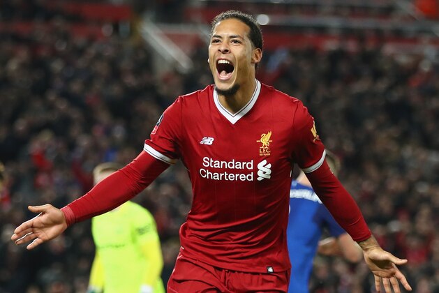 LIVERPOOL, ENGLAND - JANUARY 05:  Virgil van Dijk of Liverpool celebrates as he scores their second goal during the Emirates FA Cup Third Round match between Liverpool and Everton at Anfield on January 5, 2018 in Liverpool, England.  (Photo by Clive Brunskill/Getty Images)