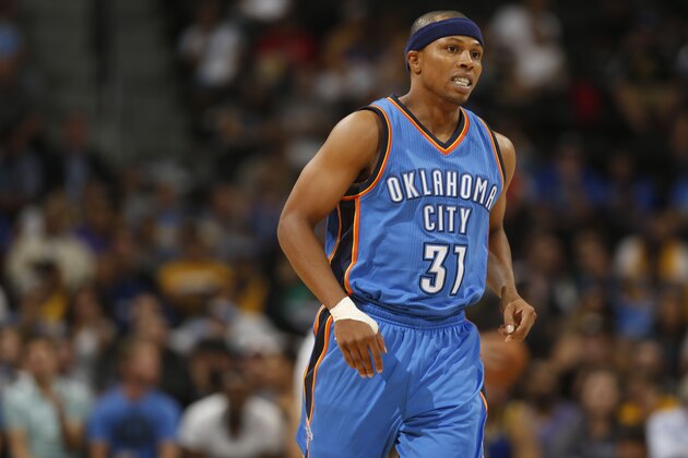 Oklahoma City Thunder guard Sebastian Telfair runs court against the Denver Nuggets in the fourth quarter of the Nuggets' 114-101 victory in an NBA exhibition basketball game in Denver on Wednesday, Oct. 8, 2014. (AP Photo/David Zalubowski)
