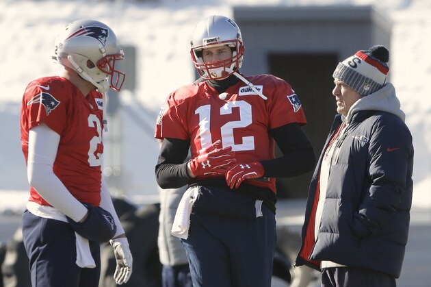 New England Patriots quarterbacks Brian Hoyer, left, and Tom Brady, center, stand with head coach Bill Belichick, right, during an NFL football practice, Thursday, Jan. 18, 2018, in Foxborough, Mass. The Patriots host the Jacksonville Jaguars in the AFC championship on Sunday in Foxborough.(AP Photo/Steven Senne)