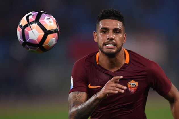 Roma's defender from Brazil Emerson Palmieri eyes the ball during the Italian Tim Cup second leg semi-final football match AS Roma vs Lazio on April 4, 2017 at the Olympic stadium in Rome.  / AFP PHOTO / Filippo MONTEFORTE        (Photo credit should read FILIPPO MONTEFORTE/AFP/Getty Images)