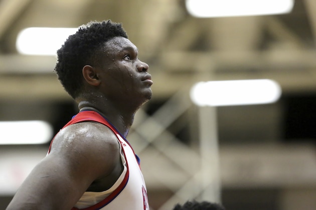 Spartanburg Day's Zion Williamson #12 is seen against Chino Hills during a high school basketball game at the Hoophall Classic, Saturday, January 13, 2018, in Springfield,MA. Chino Hills won the game. (AP Photo/Gregory Payan)