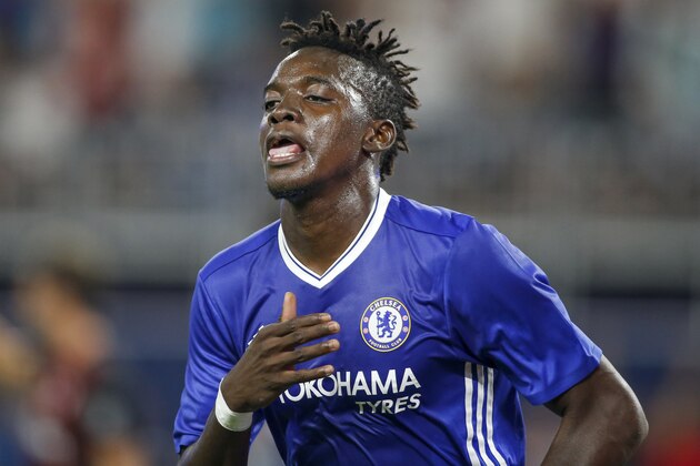 Chelsea forward Bertrand Traore celebrates his goal against AC Milan during the first half of an exhibition soccer match Wednesday, Aug. 3, 2016, in Minneapolis. (AP Photo/Bruce Kluckhohn)