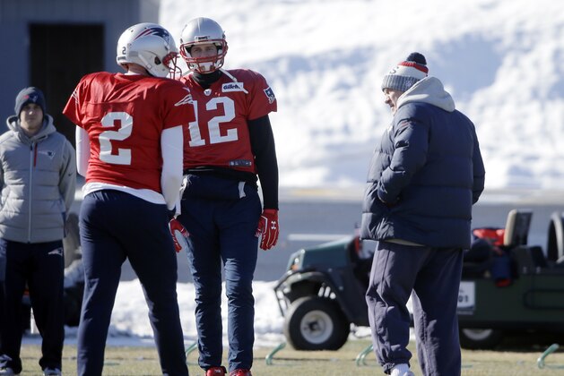New England Patriots quarterbacks Brian Hoyer, left, and Tom Brady, center, stand near head coach Bill Belichick, right, during an NFL football practice, Thursday, Jan. 18, 2018, in Foxborough, Mass. The Patriots are to host the Jacksonville Jaguars in the AFC championship Sunday, in Foxborough.(AP Photo/Steven Senne)