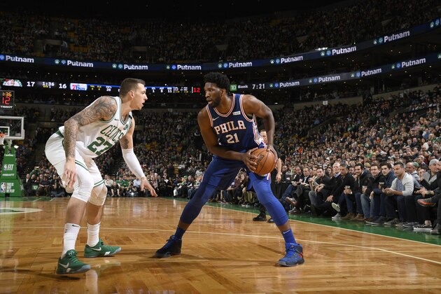 BOSTON, MA - JANUARY 18: Joel Embiid #21 of the Philadelphia 76ers handles the ball against the Boston Celtics on January 18, 2018 at the TD Garden in Boston, Massachusetts. NOTE TO USER: User expressly acknowledges and agrees that, by downloading and/or using this photograph, user is consenting to the terms and conditions of the Getty Images License Agreement. Mandatory Copyright Notice: Copyright 2018 NBAE (Photo by Brian Babineau/NBAE via Getty Images)
