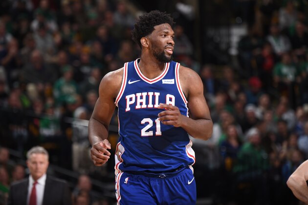 BOSTON, MA - JANUARY 18: Joel Embiid #21 of the Philadelphia 76ers during the game against the Boston Celtics on January 18, 2018 at the TD Garden in Boston, Massachusetts. NOTE TO USER: User expressly acknowledges and agrees that, by downloading and/or using this photograph, user is consenting to the terms and conditions of the Getty Images License Agreement. Mandatory Copyright Notice: Copyright 2018 NBAE (Photo by Brian Babineau/NBAE via Getty Images)