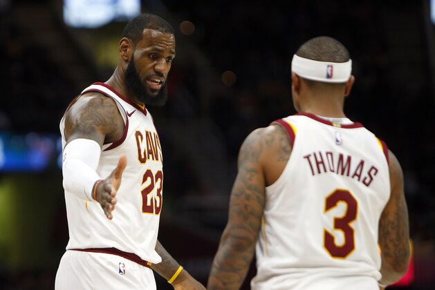 CLEVELAND, OH - JANUARY 18:  LeBron James #23 of the Cleveland Cavaliers and Isaiah Thomas #3 of the Cleveland Cavaliers react to a foul against the Orlando Magic at Quicken Loans Arena on January 18, 2018 in Cleveland, Ohio. NOTE TO USER: User expressly acknowledges and agrees that, by downloading and or using this photograph, User is consenting to the terms and conditions of the Getty Images License Agreement. (Photo by Justin K. Aller/Getty Images)