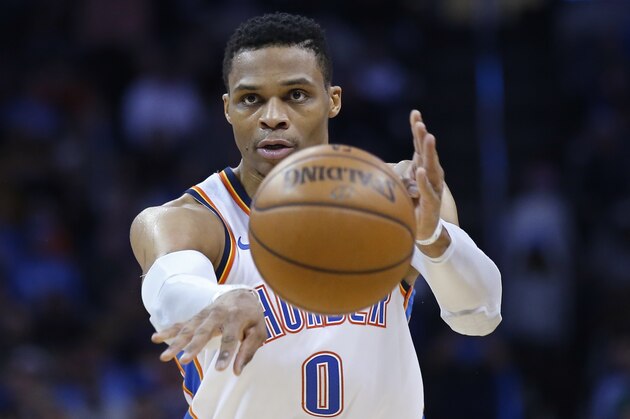 Oklahoma City Thunder guard Russell Westbrook (0) is pictured during an NBA basketball game against the Sacramento Kings in Oklahoma City, Monday, Jan. 15, 2018. Oklahoma City won 95-88. (AP Photo/Sue Ogrocki)
