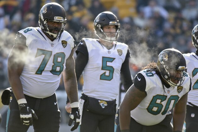 Jacksonville Jaguars quarterback Blake Bortles (5) plays in an NFL football game against the Pittsburgh Steelers, Sunday, Jan. 14, 2018, in Pittsburgh. (AP Photo/Don Wright)