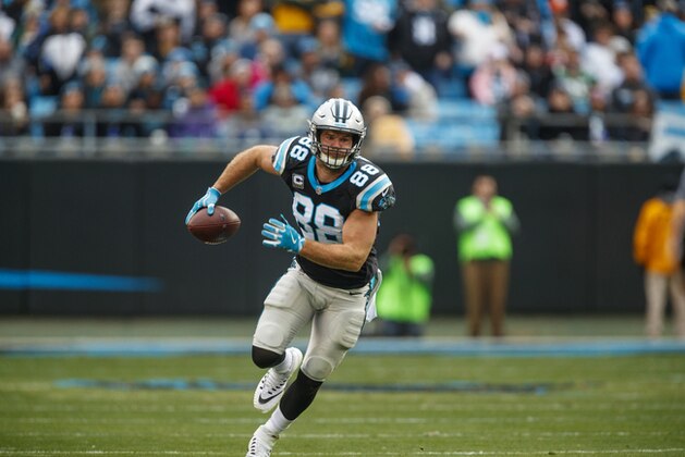 Carolina Panthers tight end Greg Olsen (88) runs with the ball against the Green Bay Packers during an NFL game in Charlotte, N.C. on Sunday, Dec. 17, 2017. (Chris Keane/AP Images for Panini)