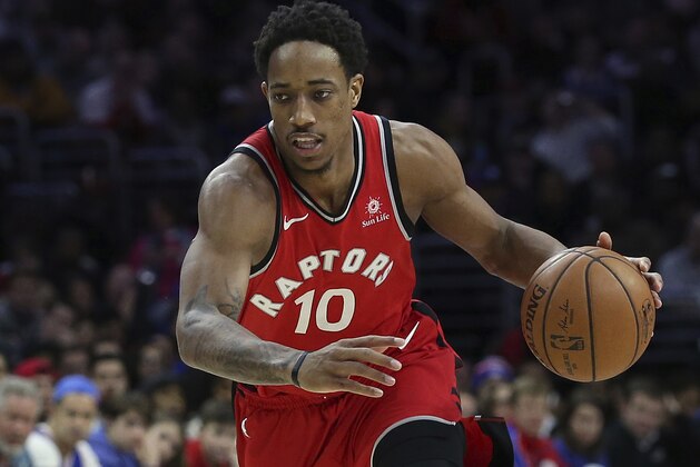 Toronto Raptors guard DeMar DeRozan (10) in action against the Philadelphia 76ers during an NBA basketball game in Philadelphia, Monday, Jan. 15, 2018. (AP Photo/Rich Schultz)
