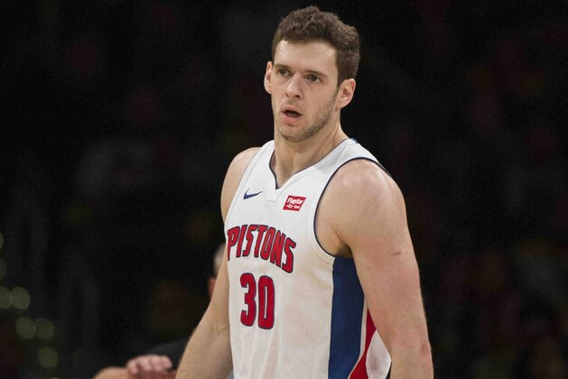 Detroit Pistons forward Jon Leuer during the second half of an NBA basketball game Tuesday, Oct. 31, 2017, in Los Angeles. (AP Photo/Kyusung Gong)