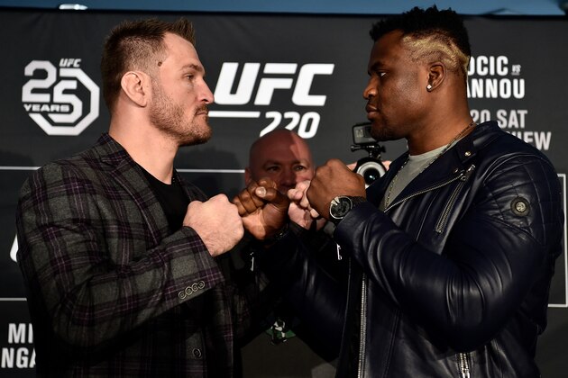 BOSTON, MA - JANUARY 18:  (L-R) UFC heavyweight champion Stipe Miocic and Francis Ngannou of Cameroon face off during the UFC 220 Ultimate Media Day at Fenway Park on January 18, 2018 in Boston, Massachusetts. (Photo by Jeff Bottari/Zuffa LLC/Zuffa LLC via Getty Images)