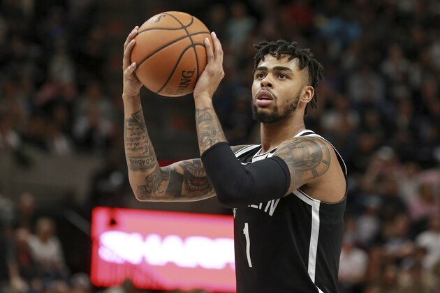 Brooklyn Nets guard D'Angelo Russell shoots a foul shot against the Utah Jazz during the second quarter of NBA basketball game Saturday, Nov. 11, 2017, in Salt Lake City. (AP Photo/Chris Nicoll)