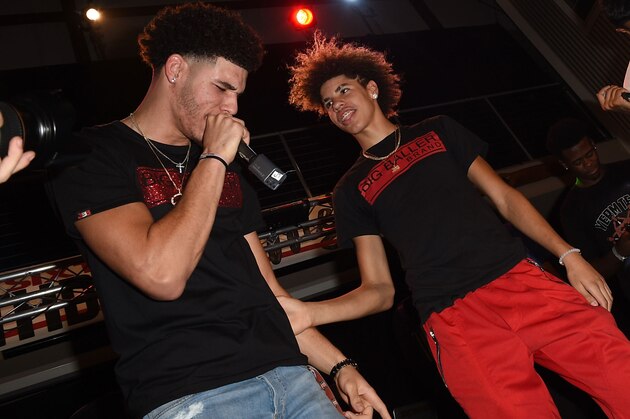 CHINO, CA - SEPTEMBER 02:  (L-R) Lonzo Ball, LaMelo Ball and Kenneth Paige perform onstage at Melo Ball's 16th Birthday on September 2, 2017 in Chino, California.  (Photo by Joshua Blanchard/Getty Images for Crosswalk Productions )