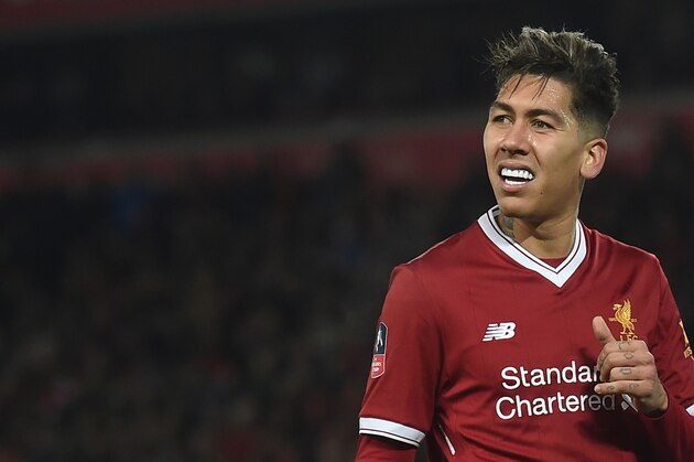 Liverpool's Brazilian midfielder Roberto Firmino reacts during the English FA Cup third round football match between Liverpool and Everton at Anfield in Liverpool, north west England on January 5, 2018. / AFP PHOTO / PAUL ELLIS / RESTRICTED TO EDITORIAL USE. No use with unauthorized audio, video, data, fixture lists, club/league logos or 'live' services. Online in-match use limited to 75 images, no video emulation. No use in betting, games or single club/league/player publications.  /         (Photo credit should read PAUL ELLIS/AFP/Getty Images)