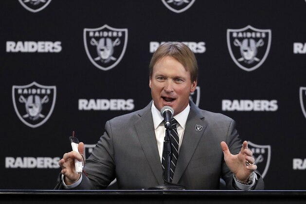 Oakland Raiders new head coach Jon Gruden answers questions during an NFL football press conference Tuesday, Jan. 9, 2018, in Alameda, Calif. (AP Photo/Marcio Jose Sanchez)