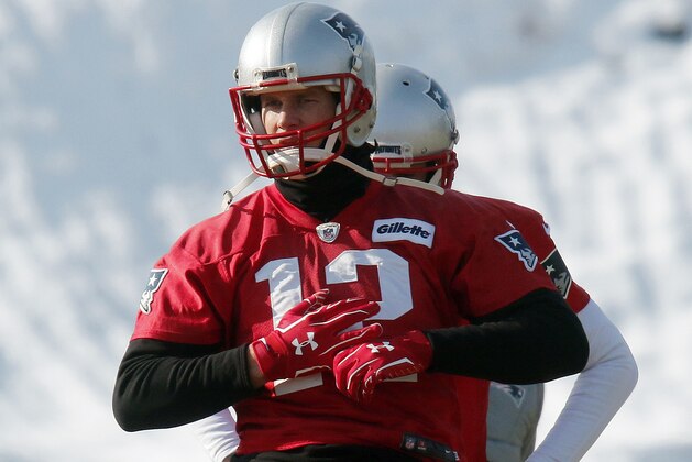 New England Patriots quarterback Tom Brady warms up during an NFL football practice, Friday, Jan. 19, 2018, in Foxborough, Mass. The Patriots host the Jacksonville Jaguars in the AFC championship on Sunday in Foxborough.(AP Photo/Bill Sikes)