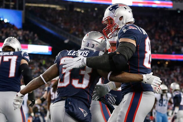 FOXBOROUGH, MA - JANUARY 13:  Dion Lewis #33 of the New England Patriots reacts with Rob Gronkowski #87  in the second quarter of the AFC Divisional Playoff game against the Tennessee Titans  at Gillette Stadium on January 13, 2018 in Foxborough, Massachusetts.  (Photo by Jim Rogash/Getty Images)