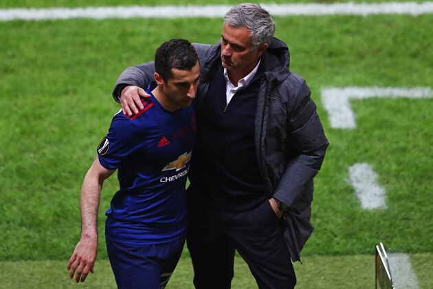STOCKHOLM, SWEDEN - MAY 24: Henrikh Mkhitaryan of Manchester United and Jose Mourinho, Manager of Manchester United embrace after he is subbed during the UEFA Europa League Final between Ajax and Manchester United at Friends Arena on May 24, 2017 in Stockholm, Sweden.  (Photo by Alex Grimm/Getty Images)