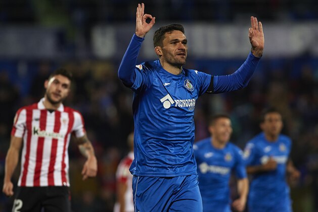 GETAFE, SPAIN - JANUARY 19:  Jorge Molina of Getafe celebrates scoring his team's first goal during the La Liga match between Getafe and Athletic Club at Coliseum Alfonso Perez on January 19, 2018 in Getafe, Spain.  (Photo by fotopress/Getty Images)