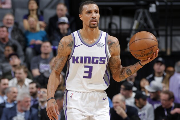 SACRAMENTO, CA - JANUARY 17:  George Hill #3 of the Sacramento Kings handles the ball against the Utah Jazz on January 17, 2018 at Golden 1 Center in Sacramento, California. NOTE TO USER: User expressly acknowledges and agrees that, by downloading and or using this Photograph, user is consenting to the terms and conditions of the Getty Images License Agreement. Mandatory Copyright Notice: Copyright 2018 NBAE (Photo by Rocky Widner/NBAE via Getty Images)