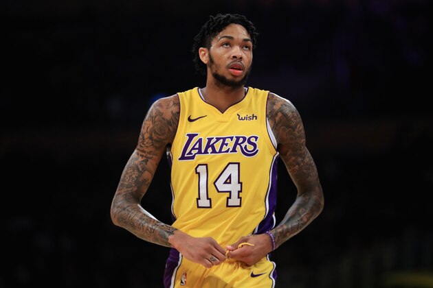 LOS ANGELES, CA - JANUARY 09:  Brandon Ingram #14 of the Los Angeles Lakers looks on during the first half of a game against the Sacramento Kings  at Staples Center on January 9, 2018 in Los Angeles, California.   NOTE TO USER: User expressly acknowledges and agrees that, by downloading and or using this photograph, User is consenting to the terms and conditions of the Getty Images License Agreement.  (Photo by Sean M. Haffey/Getty Images)