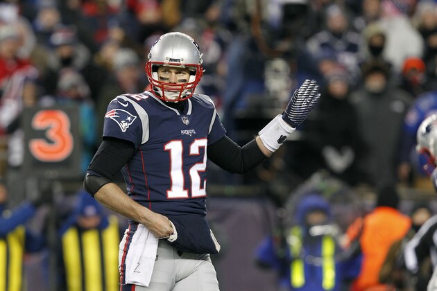 New England Patriots quarterback Tom Brady (12) gestures a first down during the second half of an NFL divisional playoff football game against the Tennessee Titans, Saturday, Jan. 13, 2018, in Foxborough, Mass. . (AP Photo/Stew Milne)