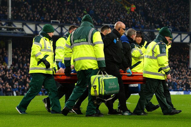 LIVERPOOL, ENGLAND - JANUARY 20:  James McCarthy of Everton is taken off on a stretcher during the Premier League match between Everton and West Bromwich Albion at Goodison Park on January 20, 2018 in Liverpool, England.  (Photo by Tony Marshall/Getty Images)
